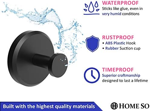 HOME SO Suction Cup Hooks for Shower, Bathroom, Kitchen, Glass Door, Mirror, Tile – Loofah, Towel, Coat, Bath Robe Hook Holder for Hanging up to 15 lbs – Waterproof & Rustproof, Matte Black (2-Pack)