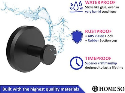 HOME SO Suction Cup Hooks for Shower, Bathroom, Kitchen, Glass Door, Mirror, Tile – Loofah, Towel, Coat, Bath Robe Hook Holder for Hanging up to 15 lbs – Waterproof & Rustproof, Matte Black (2-Pack)