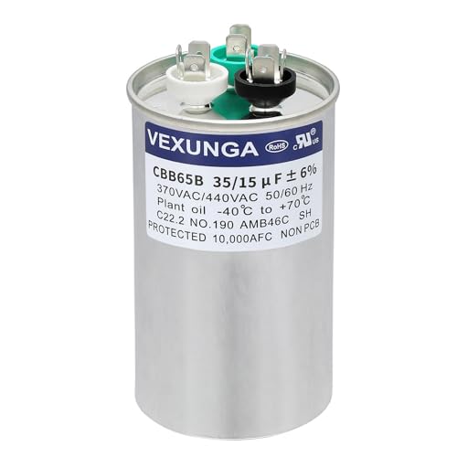 35/15 uF 35+15 MFD 370VAC or 440VAC Dual Run Start Round A/C Capacitor CBB65 Air Conditioner Capacitors for AC Unit Fan Motor Start or Heat Pump or Condenser Straight Cool