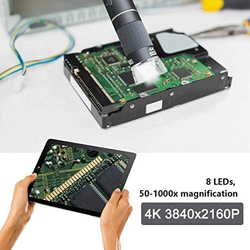 WiFi USB Digital Handheld Microscope, 50 to 1000x Wireless Magnification Endoscope 4K 3840x2160P Camera 8 LEDs with Metal Stand for iPhone iPad Android Mac Windows Linux Chrome