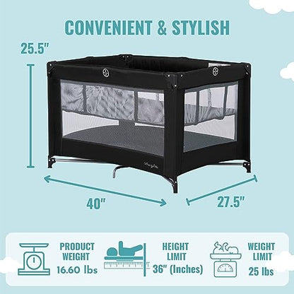 Dream On Me Zazzy Portable Playard with Bassinet in Black, Lightweight Packable and Easy Setup Baby Playard with Mattress and Travel Bag
