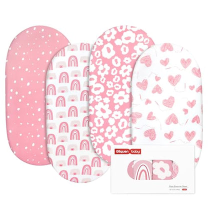 Gllquen Baby Bassinet Sheets 4 Pack, Breathable Cozy Fitted Mattress Sheet, Elastic Travel Crib Fashionable Floral Pattern, Standard Cradle Safe Sheets for Baby Boys Girls 32"x16"(Love)