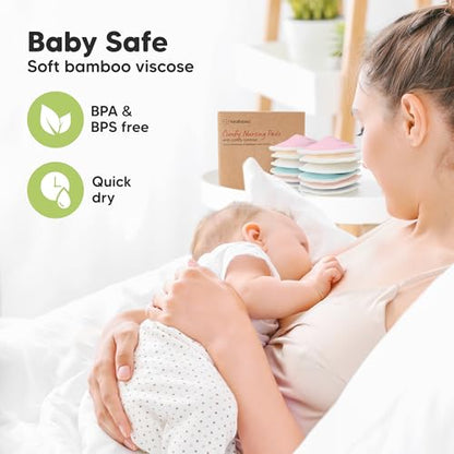 Organic Nursing Pads - 14 Washable Viscose Derived from Bamboo Breastfeeding Pads, Wash Bag, Reusable Breast Pads for Breastfeeding, Nipple Pads for Breastfeeding Essentials(Pastel Touch, L 4.8")