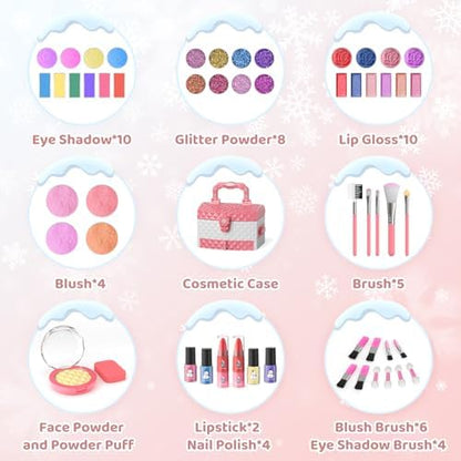 PERRYHOME Kids Makeup Set for Girl 56 Pcs Washable Real Cosmetic, Non-Toxic Frozen Toys Toddler Makeup Kit, Princess Dress up Christmas & Birthday Girl Gift for 3 4 5 6 7 8 9 10 11 12 Year Old Girls