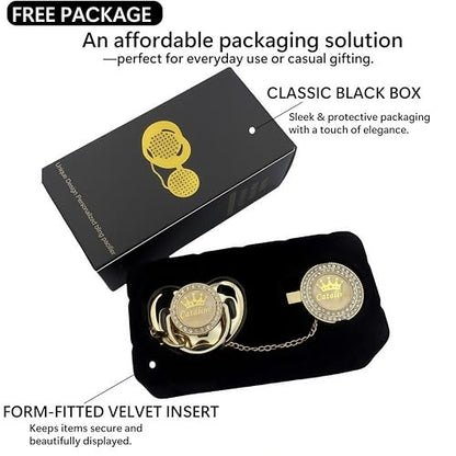 Personalized Any Name Bling Gold Silver Pacifier and Clip Set 18 Colors BPA Free Safe Unique Design Luxurious Dummy Ideal Gift for Baby Show New Born