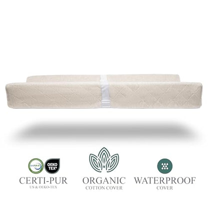 Organic Cotton Contoured Baby Changing Pad w/Waterproof Foam Mattress, Includes Soft, Removable & Washable Cover, Safety Strap, Non-Slip Bottom, Topper for Standard Size Infant Diaper Table & Dresser