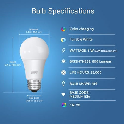 Feit Electric Smart Light Bulbs with RGB Color Changing and Tunable White, 2.4Ghz WiFi Light Bulbs, No Hub Needed, Works with Alexa and Google, Dimmable 60 Watt = LED 9W, OM60/RGBW/CA/AG/3, 3 Pack