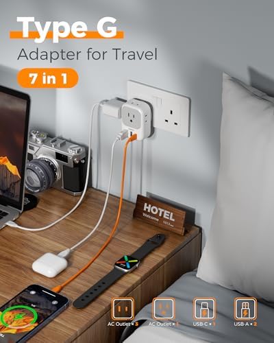 US to UK Plug Adapter, TESSAN Type G Travel Converter with 3 USB Charger(1 USB C Port), 4 Outlets Power Adaptor for USA to Qatar Ireland Hong Kong England Scotland Kenya Dubai London British