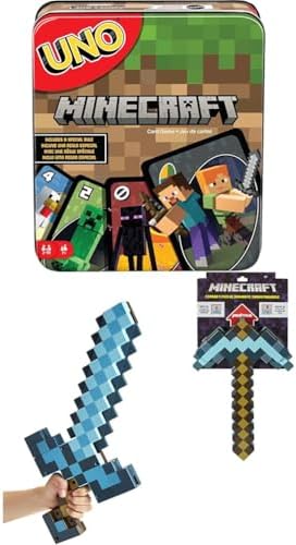 Bundle of Mattel Games UNO Minecraft Card Game with Minecraft-Themed Graphics in a Collectible Tin (Amazon Exclusive) + Mattel Minecraft Transforming Diamond Sword & Pick-Axe Kid-Sized 2-in-1 Toy