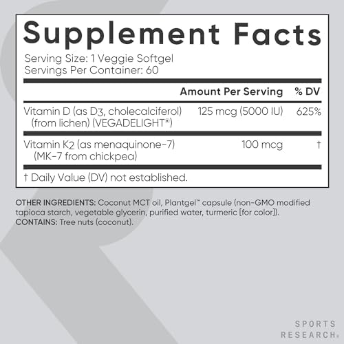 Sports Research® Vitamin D3 + K2 w/ Coconut Oil - Vegan Vitamin D 5000iu & Mk7 Vitamin K 100mcg for Bone & Immune Support - Vegan Certified · Non-GMO · Soy Free - 60 Softgels