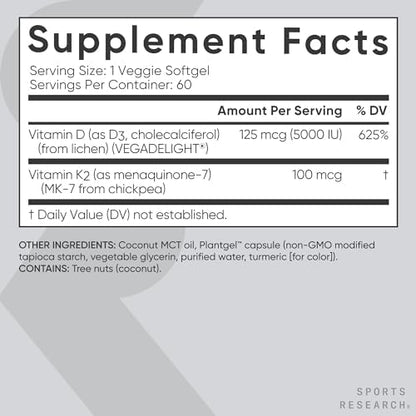 Sports Research® Vitamin D3 + K2 w/ Coconut Oil - Vegan Vitamin D 5000iu & Mk7 Vitamin K 100mcg for Bone & Immune Support - Vegan Certified · Non-GMO · Soy Free - 60 Softgels