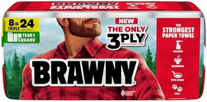 Brawny Tear-A-Square 3-Ply Paper Towels, 8 Triple Rolls = 24 Regular Rolls, Strong, Absorbent, and Durable with 3 Sheet Sizes (Quarter, Half, Full)