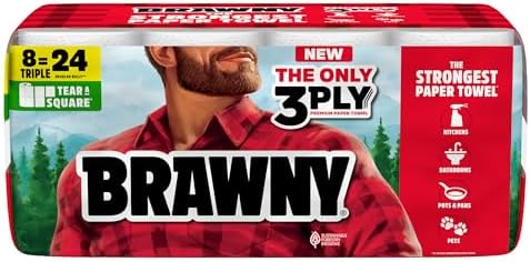 Brawny Tear-A-Square 3-Ply Paper Towels, 8 Triple Rolls = 24 Regular Rolls, Strong, Absorbent, and Durable with 3 Sheet Sizes (Quarter, Half, Full)