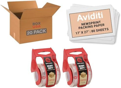 BOX USA Moving Boxes Medium 18"L x 14"W x 12"H (20-Pack) & 2 Heavy Duty 2in x 25yd Clear Packaging Tape with Dispensers & 2 lbs. of Newsprint Packing Paper | For Shipping, Mailing, Packaging & Storage