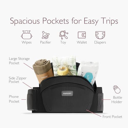 Momcozy Hip Seat Baby Carrier - Adjustable Waistband with Original 3D Belly Protector, Ergonomic Carrier with Various Pockets for Newborns & Toddlers up to 45lbs (Black, Medium)