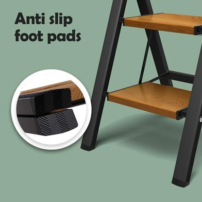 Taranta 2 Step Ladder,Aluminum Lightweight Folding 2 Step Stool with Anti-Slip Wide Pedal, 330lbs Capacity Step Ladder for Household,Kitchen,Office - BlackWoodgrain