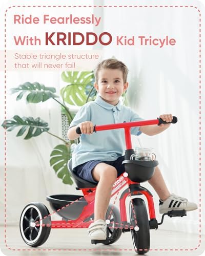 KRIDDO Kids Tricycles Age 24 Month to 4 Years, Trike for 2.5 to 5 Year Old, Gift Tricycles for 2-4 Year Olds, Trikes for Toddlers, Red