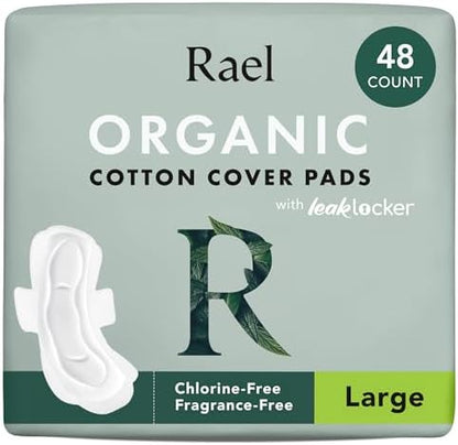 Rael Pads for Women, Organic Cotton Cover - Period Pads with Wings, Feminine Care, Sanitary Napkins, Heavy Absorbency, Unscented (Large, 48 Count)
