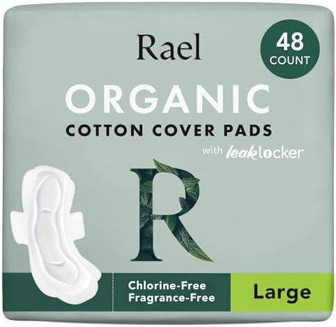 Rael Pads for Women, Organic Cotton Cover - Period Pads with Wings, Feminine Care, Sanitary Napkins, Heavy Absorbency, Unscented (Large, 48 Count)