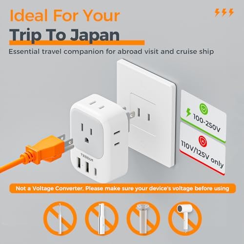 TESSAN 2 Prong to 3 Prong Adapter, Multi Plug Outlet Extender with 4 Outlets 3 USB Ports(1 USB C), Type A Travel for US to Japan, Philippines, Canada, Mexico, China, Thailand, Anguilla