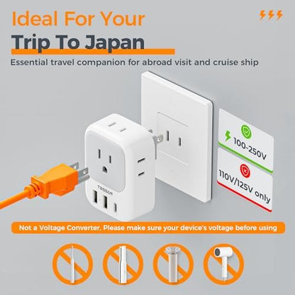 TESSAN 2 Prong to 3 Prong Adapter, Multi Plug Outlet Extender with 4 Outlets 3 USB Ports(1 USB C), Type A Travel for US to Japan, Philippines, Canada, Mexico, China, Thailand, Anguilla