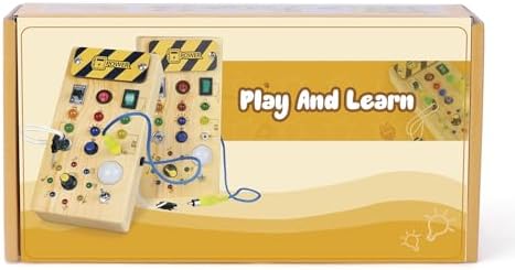 Montessori Wooden Busy Board with 8 LED Light switches, Sensory Toys Light Switch Travel Toys for 1+ Year Old Baby and Toddler