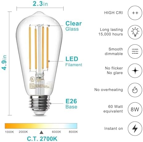 TJOY Edison Light Bulbs 60W Equivalent, Dimmable Vintage LED Light Bulbs, E26 Medium Base, Warm White 2700K, ST58, 8W, 800LM, 80+ CRI, Antique Decorative Filament LED Bulb, Clear Glass, 6 Pack