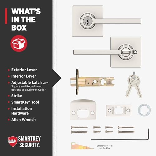 Kwikset Casey Entry Door Handle with Lock and Key, Secure Keyed Reversible Lever Exterior, For Front Entrance and Bedrooms, Satin Nickel , Pick Resistant Smartkey Rekey Security and Microban