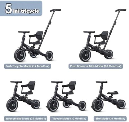 newyoo Toddler Bike, Tricycle w Push Handle for 1-3 Year Old, Birthday Gifts and Toys for Boy's and Girl's Birthday, Convertible 5 in 1 Baby Balance Bike, Kids Outdoor Riding Toys, Black, TR007