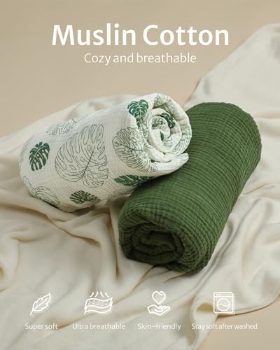 Blissful Diary Muslin Crib Sheets for Girl Boy, Boho Neutral Soft Cotton Baby Sheet for 52''x28'' Standard Crib Mattress, 2 Pack(Monstera&Dark Green)