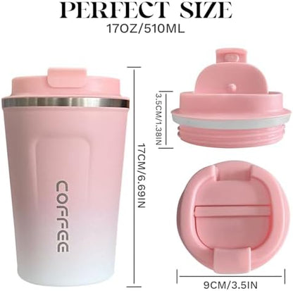 YINBAOGE Insulated Travel Coffee Mug Spill Proof Leak Proof Pobtable To Go Camping Stainless Steel Coffee Tumbler Reusable Coffee Cups with Lids Thermos for Hot and Cold Drink (2nd-Pink White, 17 OZ)