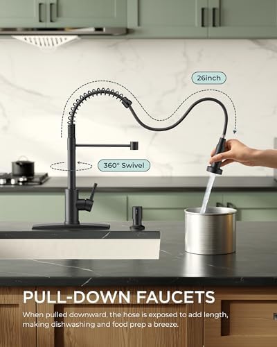 FORIOUS Black Kitchen Faucet with Pull Down Sprayer, Stainless Steel Commercial Single Handle Classic Spring Pull Out Kitchen Sink Faucet for Pot Filler, Farmhouse Camper Bar Laundry Room
