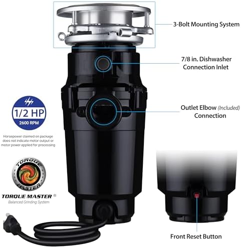 Waste Maid 10-US-WM-058-3B Garbage Disposal Anti-Jam Stainless Steel Food Waste Grinding System, 1/2 HP Economy, Black