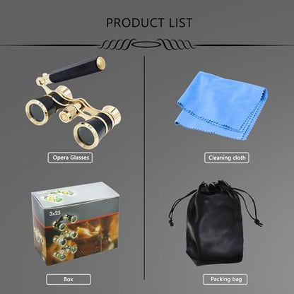 BLACKICE Opera Glasses, Opera Binoculars, 3X25 Theater Binoculars Compact with Adjustable Handle for Adults Kids Women in Concert Theater Opera (Black with Handle)