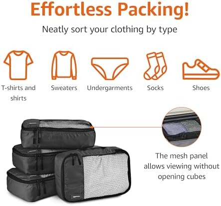 Amazon Basics Small Packing Cubes for Travel, Packing Organizers, 4-Piece-Set With Double Zipper Pulls and Mesh Top Panel, 100% Durable Polyester, Black, 11"L x 6.8"W x 3"H