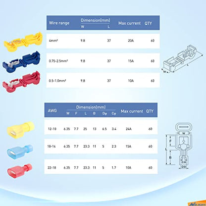 Nilight 360PCS T-Tap Wire Connectors Self-Stripping Quick Splice Electrical Terminals Insulated Male Disconnect Spade Assortment Kit with Storage Case