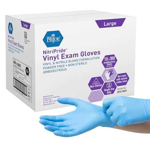 MED PRIDE Medical Grade Vinyl Single Use Non Latex Exam Gloves, Powder Free, Rubber Free, Non Sterile Gloves for Medical, Cleaning (Large 1000)