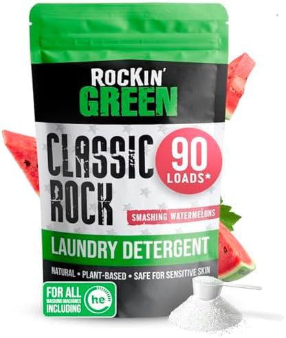 Rockin' Green Classic Rock Laundry Detergent (90 Loads), Plant based, All Natural Laundry Detergent Powder, Vegan and Biodegradable Odor Fighter, Safe for Sensitive Skin, 45 oz (Smashing Watermelons)