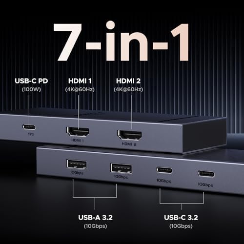 UGREEN Revodok Pro 7 in 1 Docking Station Dual Monitor, USB C Hub Dual 4K@60Hz HDMI Display, 10Gbps USB-A/C Data Ports, 100W PD, Aluminum Laptop Docking Station for HP, Thinkpad, Dell and More