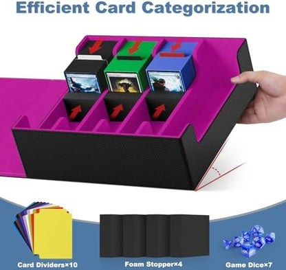 Mlikero Card Deck Case, 2400+ Trading Card Storage Box with 10 Colorful Dividers and 4 Foam Stoppers, Leather Magnetic Closure Commander Deck Box Fit for MTG, TCG (4 Rows, Black&Purple)