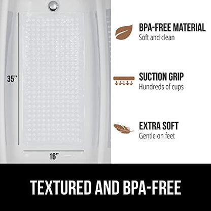 GORILLA GRIP Patented Bath Tub Shower Mat, Machine Washable Bathtub Floor Liner Mats, Suction Cups and Drain Holes to Keep Tubs Clean, Soft on Feet, Bathroom Essentials, 35x16 Inch, Clear