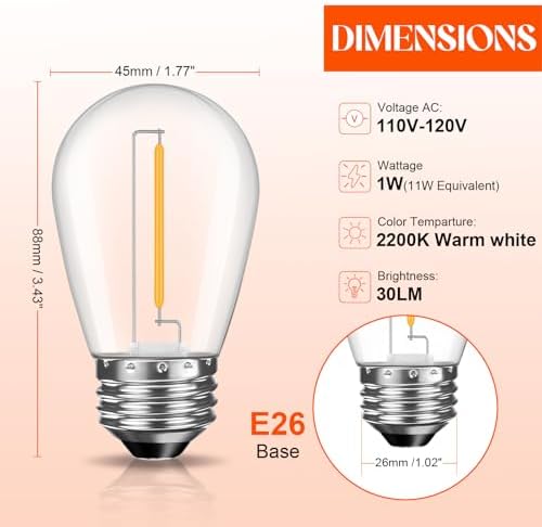 36 Pack S14 LED Bulbs for Outdoor String Lights, Shatterproof Replacement Edison Bulbs for Patio String Lights Outdoor Waterproof, Warm White 2200K, Dimmable, E26 Standard Base
