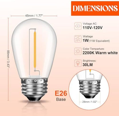 36 Pack S14 LED Bulbs for Outdoor String Lights, Shatterproof Replacement Edison Bulbs for Patio String Lights Outdoor Waterproof, Warm White 2200K, Dimmable, E26 Standard Base