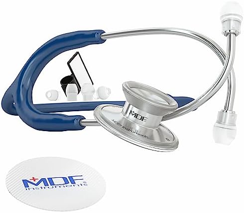 MDF Instruments, Acoustica Lightweight Stethoscope for Doctors, Nurses, Students, Home Health Use, Adult, Dual Head, Navy Blue Tube, Silver Chestpiece-Headset, MDF747XP04