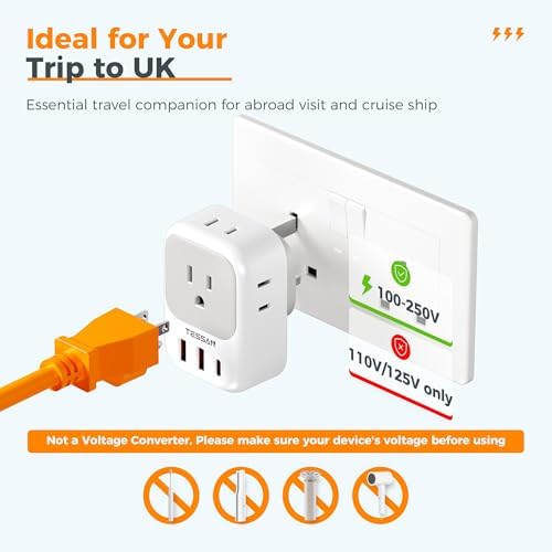 US to UK Plug Adapter, TESSAN UK Adapters for Travel, Foldable Plug with 4 Outlets 3 USB (PD 20W 1 USB C), Type G Power Adaptor for USA to Ireland Scotland England London Hongkong Dubai Irish