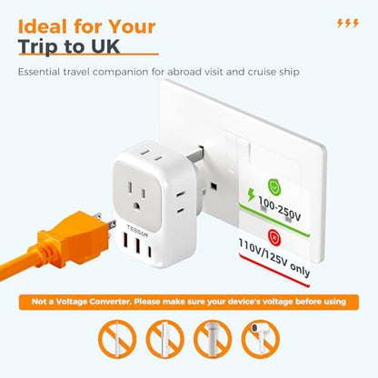 US to UK Plug Adapter, TESSAN UK Adapters for Travel, Foldable Plug with 4 Outlets 3 USB (PD 20W 1 USB C), Type G Power Adaptor for USA to Ireland Scotland England London Hongkong Dubai Irish