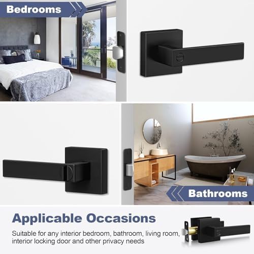 5 Pack Matte Black Door Handles Interior Door Knobs, Home Improvement Keyless Privacy Door Lock, Heavy Duty Zinc Alloy 2.07 lb Door Leverset for Bedrooms Bathrooms