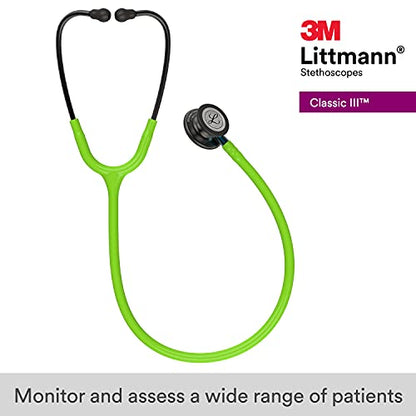 3M Littmann Classic III Monitoring Stethoscope, 5875, More Than 2X as Loud, Weighs Less, Stainless Steel Smoke-Finish Chestpiece, 27" Lime Green Tube, Blue Stem, and Smoke Headset
