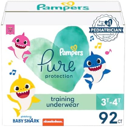 Pampers Training Pants - Pure Protection - Size 3T-4T, 92 Count, Baby Shark Premium Hypoallergenic Potty Underwear