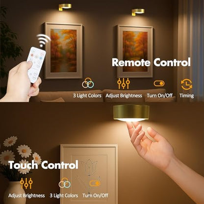 3Pcs Battery Operated Picture Light, Magnetic Led Painting Light with Remote Dimmable and Timer, 3 Lighting Modes Art Display Light for Picture Frame Paintings, Wireless Wall Decor Puck Lights, Gold